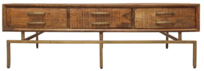 56" Brass And Brown Solid Wood Rectangular Distressed Storage Coffee Table By Homeroots