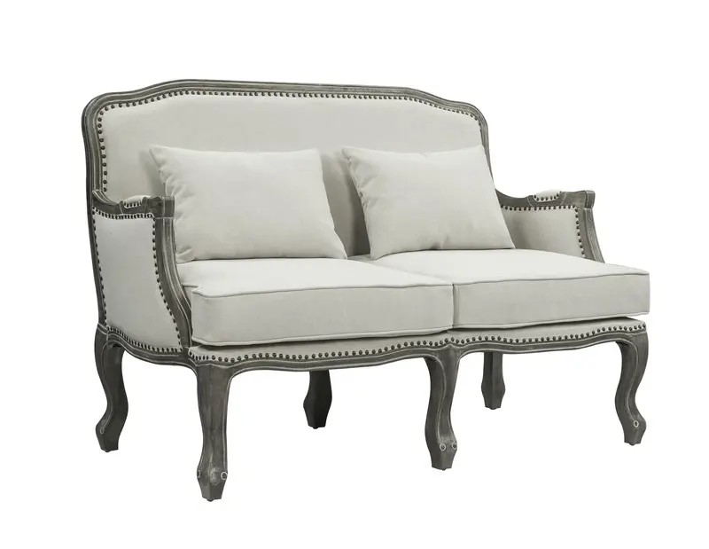 56" Cream And Gray Linen Love Seat And Toss Pillows By Homeroots
