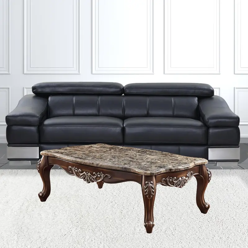 57" Antique Oak And Brown Marble Faux Marble Rectangular Coffee Table By Homeroots