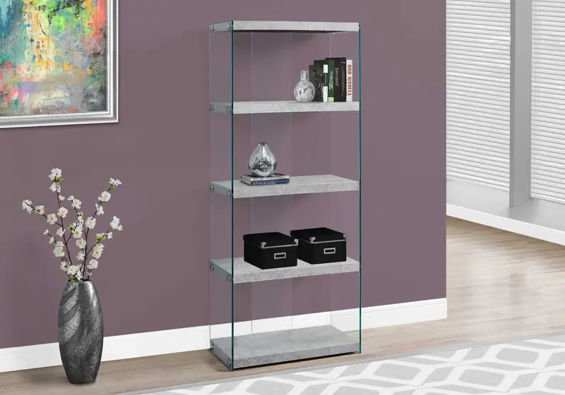 60" Grey Cement Particle Board and Clear Tempered Glass Bookcase By Homeroots