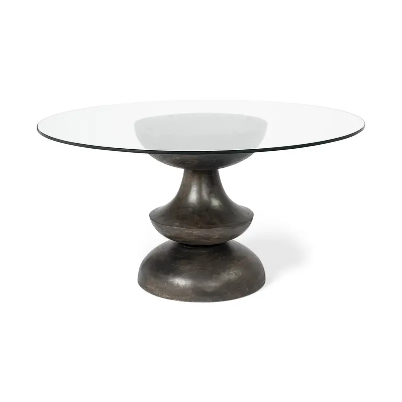 60' Round Glass Top Brown Wood With Pedestal Base Dining Table By Homeroots