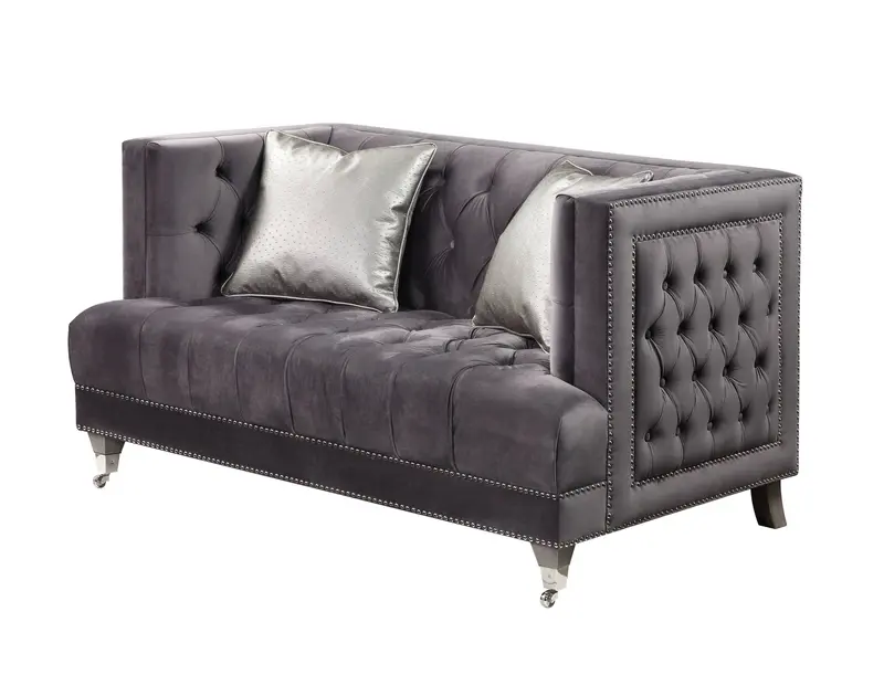 61" Gray And Silver Velvet Love Seat And Toss Pillows By Homeroots