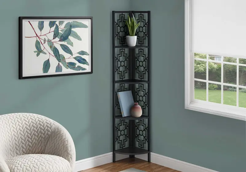 62" Bookcase with 4 Solid Black Shelves and Black Metal Corner Etagere By Homeroots