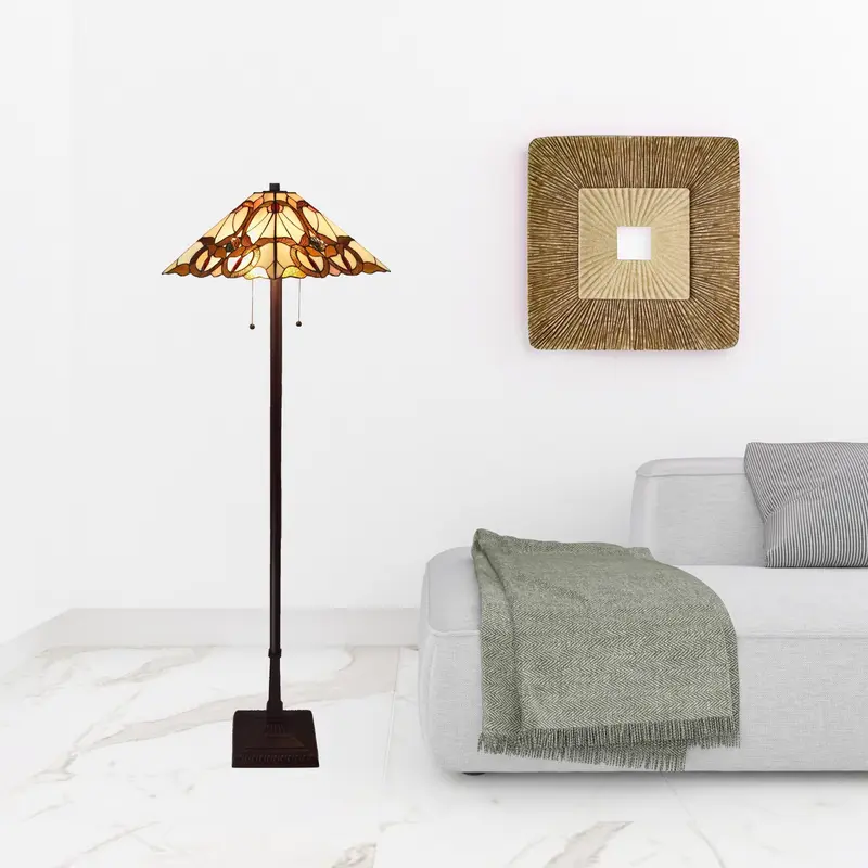 62" Brown Two Lights Traditional Shaped Floor Lamp With Brown And White Stained Glass Cone Shade By Homeroots