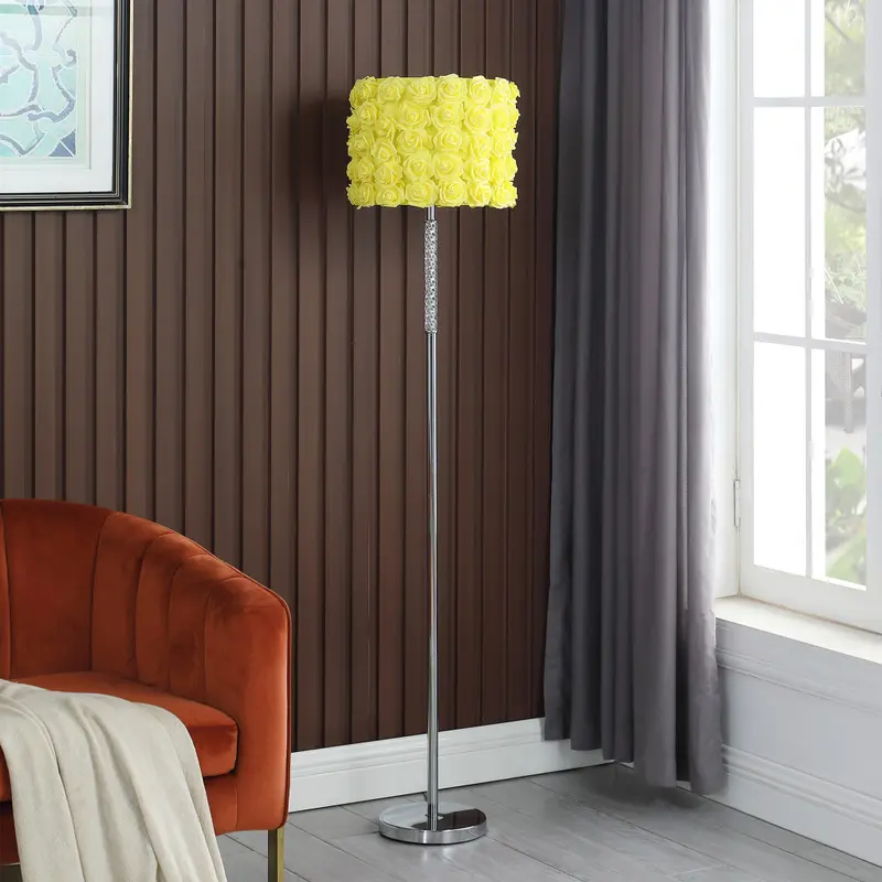 63" Steel Traditional Shaped Floor Lamp With Yellow Roses Drum Shade By Homeroots