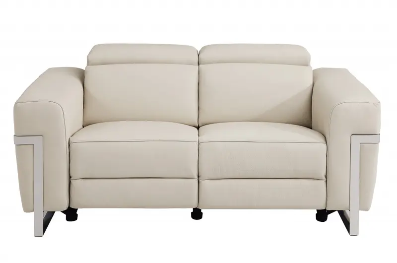 65" Beige Italian Leather and Stainless Reclining Love Seat By Homeroots