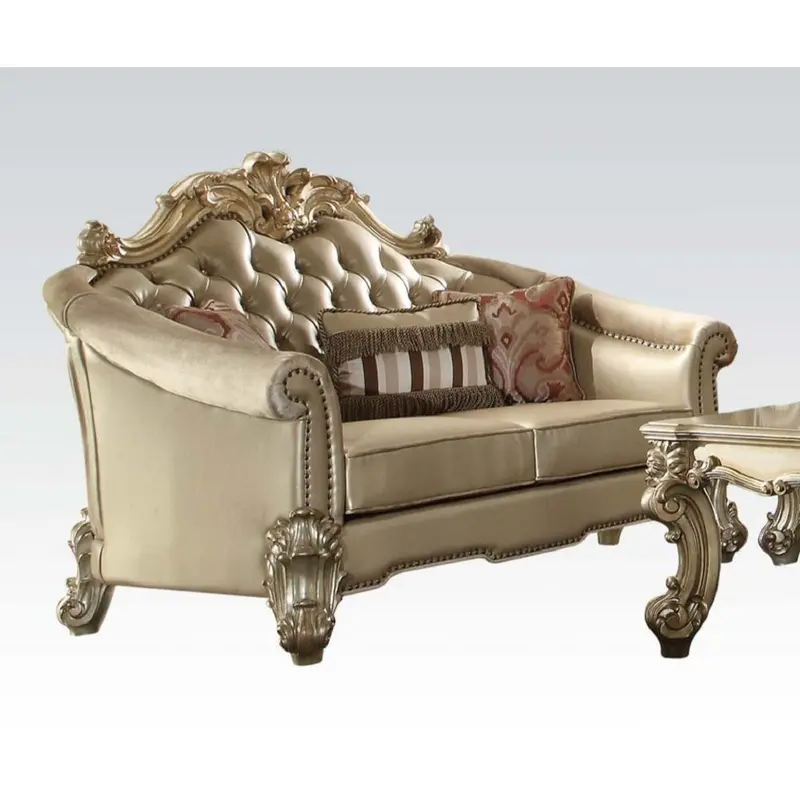 67" Bone And Gold Faux Leather Love Seat And Toss Pillows By Homeroots