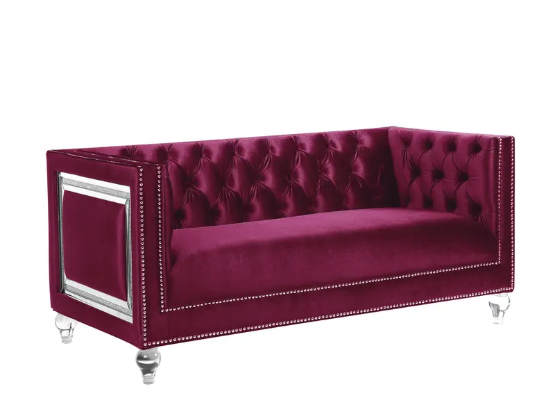 67" Burgundy And Silver Velvet Love Seat And Toss Pillows By Homeroots