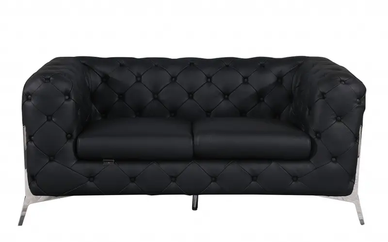69" Black Tufted Italian Leather and Chrome Love Seat By Homeroots