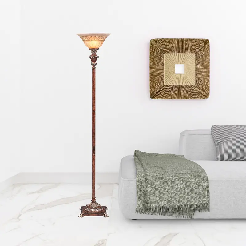 69" Brown Faux Wood Torchiere Floor Lamp With Brown Stained Glass Bell Shade By Homeroots