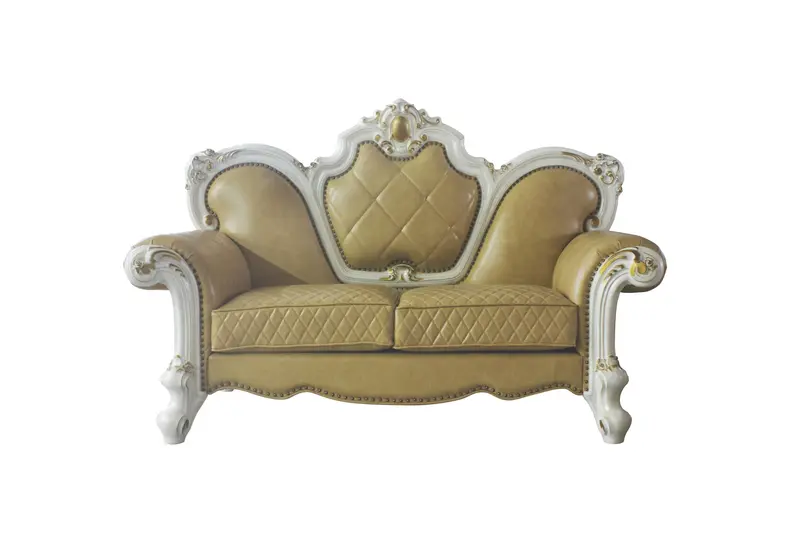 70" Butterscotch And Pearl Faux Leather Love Seat And Toss Pillows By Homeroots