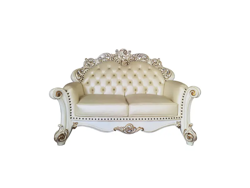 70" Champagne And Pearl Faux Leather Love Seat And Toss Pillows By Homeroots
