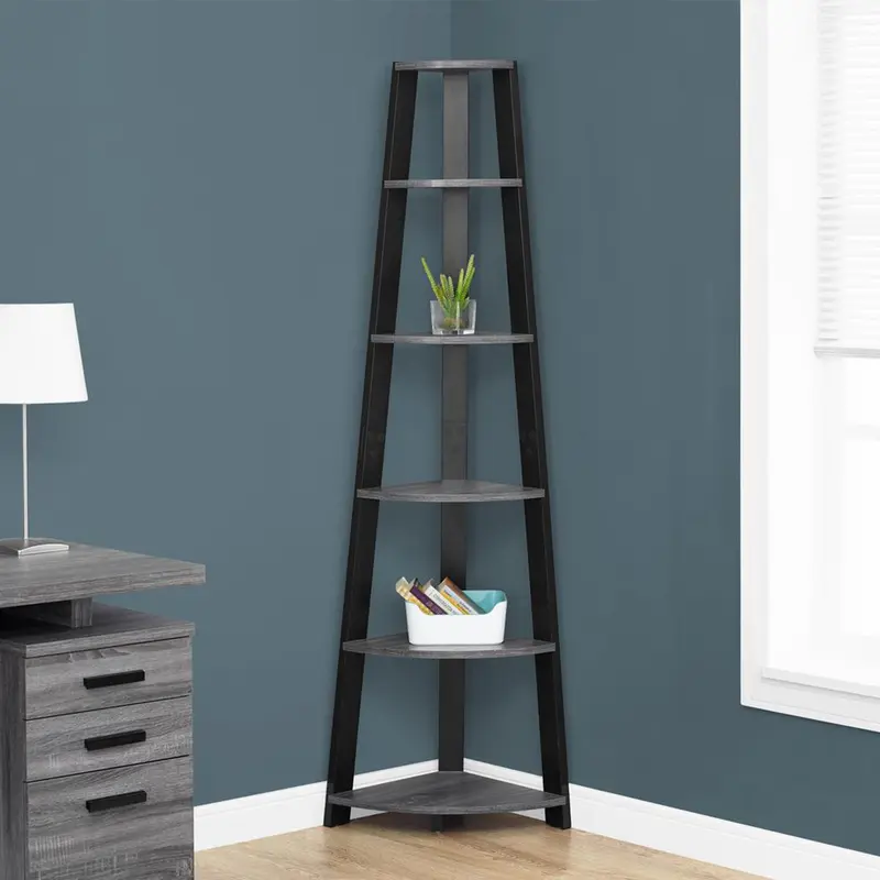 71" Chic Grey and Black 5 Shelf Corner Bookcase By Homeroots