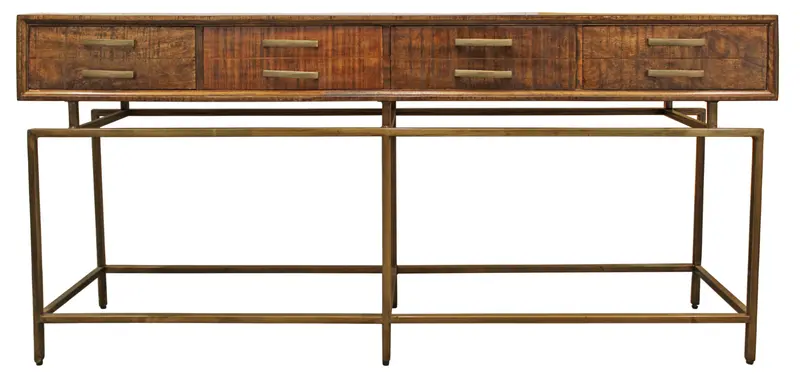 72" Brown and Brass Solid Wood Distressed Frame Console Table With Storage By Homeroots