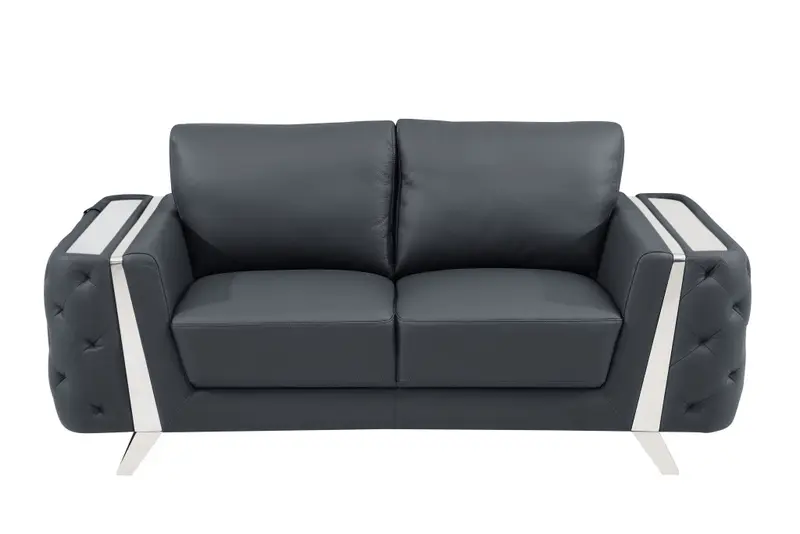 72" Dark Gray And Silver Genuine Leather Love Seat By Homeroots