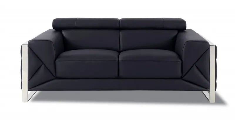 75" Black Italian Leather and Chrome Solid Color Love Seat By Homeroots