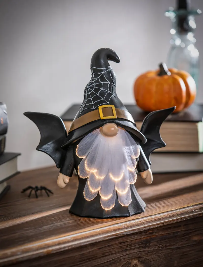 8.75" LED Resin Gnome with Witch Hat Tabletop Decor,8tal115