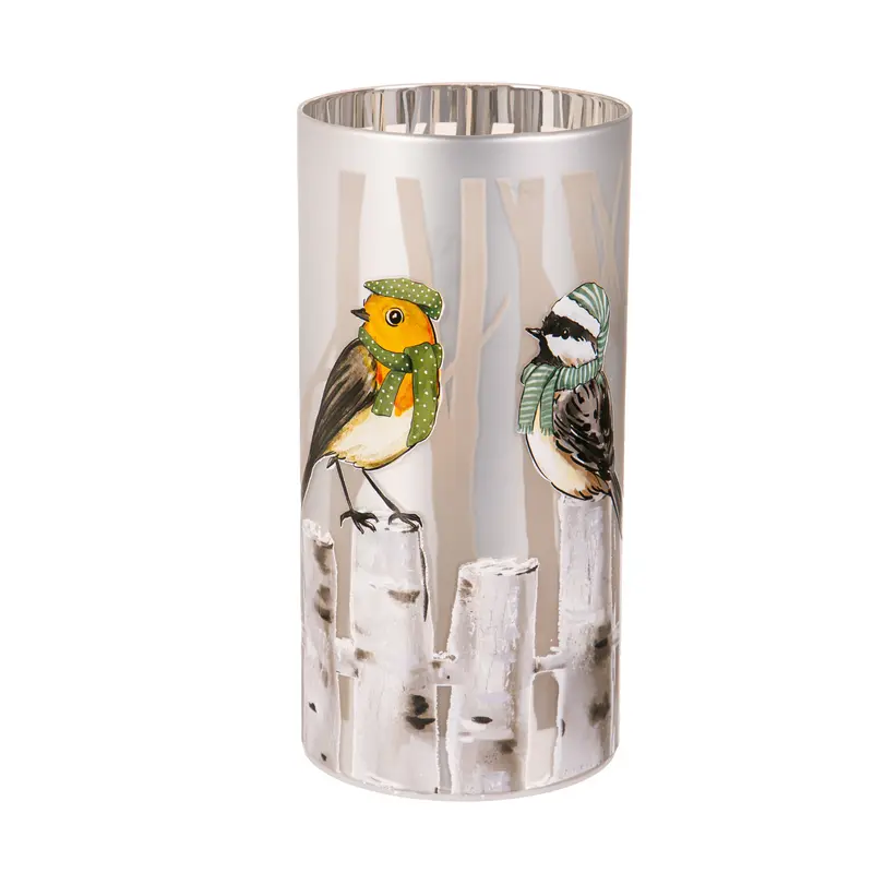 8" LED Hand Painted Lasercut Glass Table Decor with Birds on a Fence design,8tal135