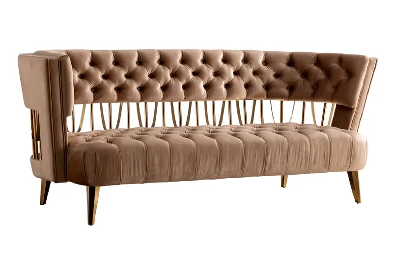 84" Beige Tufted Velvet and Gold Open Back Sofa By Homeroots
