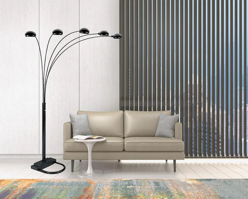 84" Black Five Light Arc Floor Lamp With Black Dome Shade By Homeroots