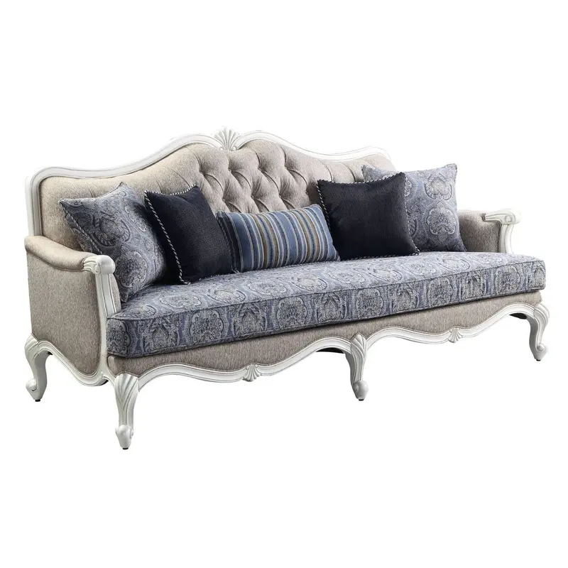 88" Fabric Linen And White Sofa With Five Toss Pillows By Homeroots