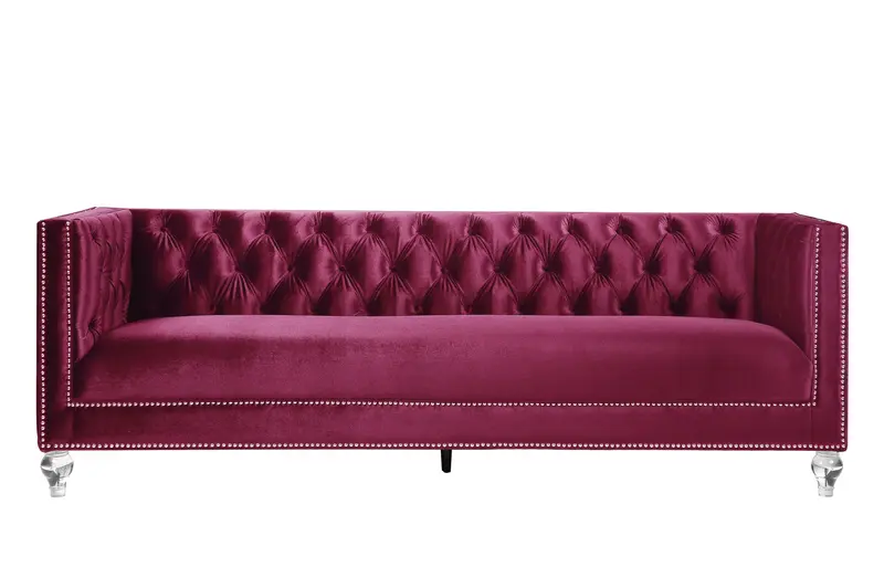 89" Burgundy Velvet And Black Sofa With Two Toss Pillows By Homeroots