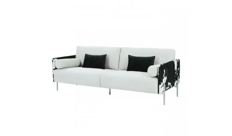 89" White Faux Cowhide and Silver Sofa By Homeroots