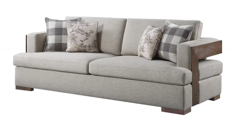 92" Fabric Linen And Brown Sofa With Four Toss Pillows By Homeroots