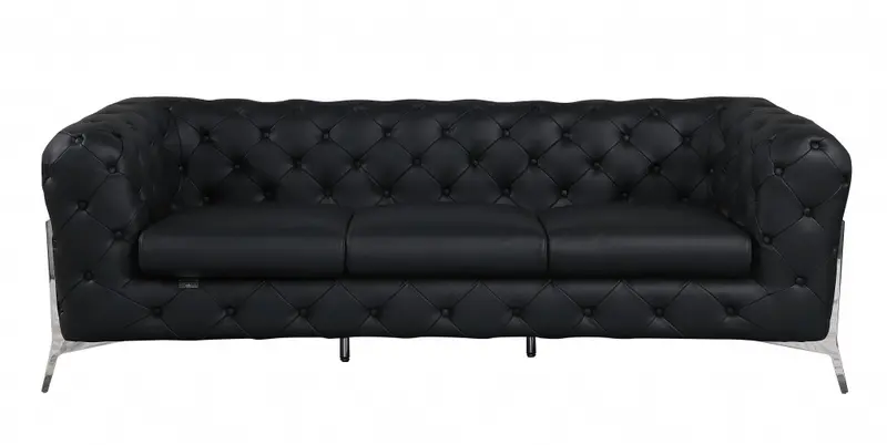 93" Black Genuine Tufted Leather and Chrome Standard Sofa By Homeroots
