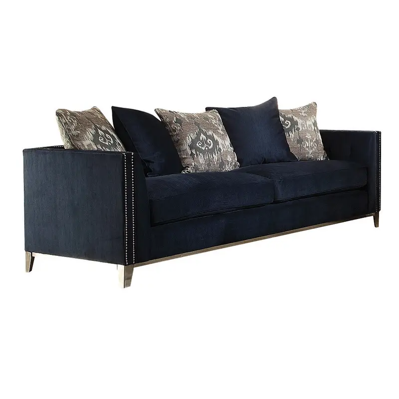95" Blue Velvet And Black Sofa With Five Toss Pillows By Homeroots