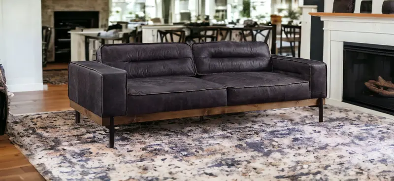 96" Antique Ebony Black Top Grain Leather Sofa By Homeroots