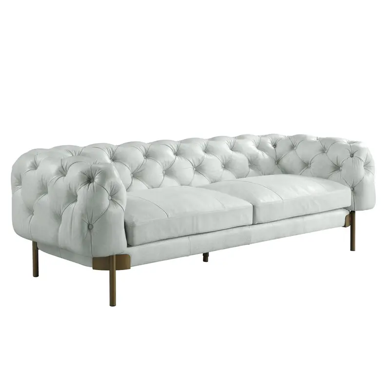 96" Vintage White Top Grain Leather And Gold Sofa By Homeroots