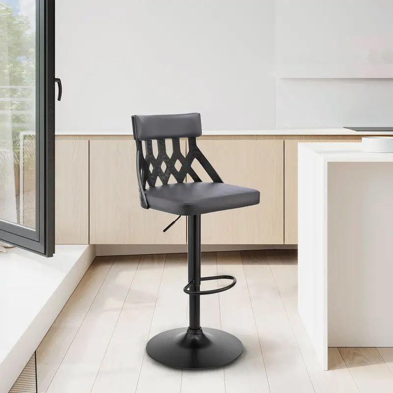 Adjustable Gray Faux Leather and Black Lattice Bar Stool By Homeroots