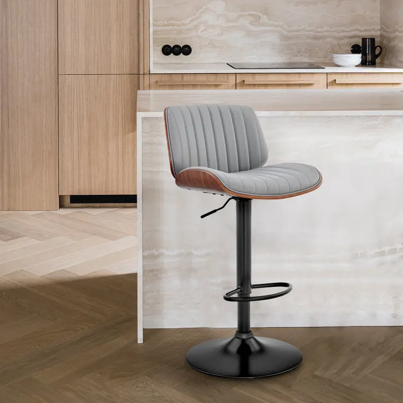 Adjustable Gray Faux Leather Black Steel and Walnut Bar Stool By Homeroots