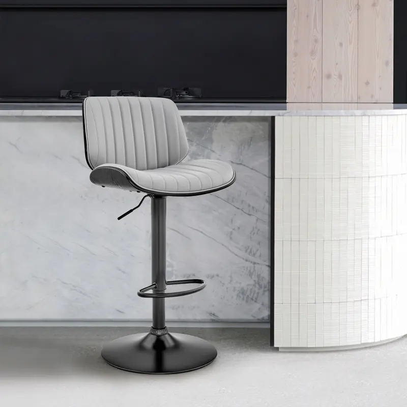Adjustable Gray Faux Leather Black Steel and Wood Bar Stool By Homeroots