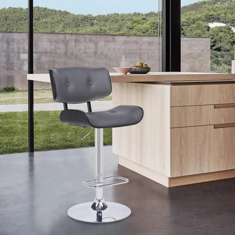 Adjustable Gray Tufted Faux Leather Black and Chrome Swivel Barstool. By Homeroots