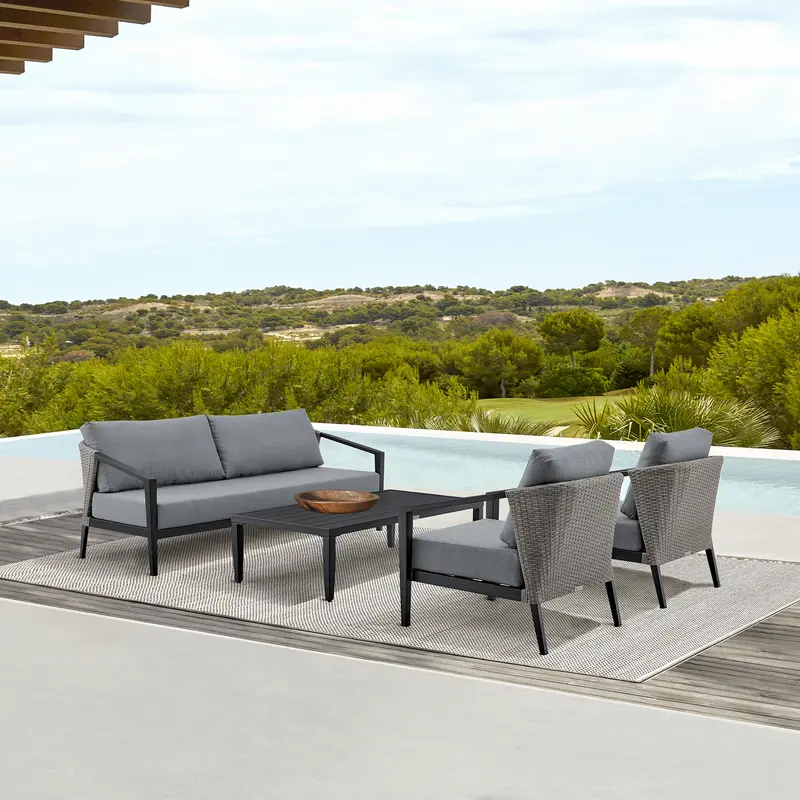 Aileen Outdoor Patio 4-Piece Lounge Set in Aluminum and Wicker with Grey Cushions By Armen Living