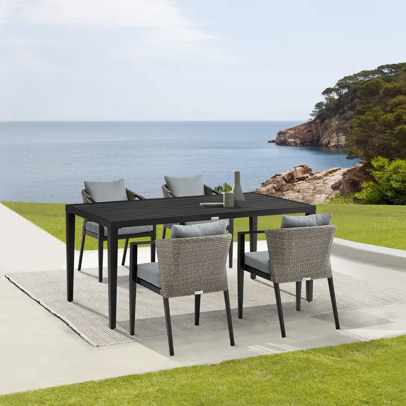 Aileen Outdoor Patio 5-Piece Dining Table Set in Aluminum and Wicker with Grey Cushions By Armen Living