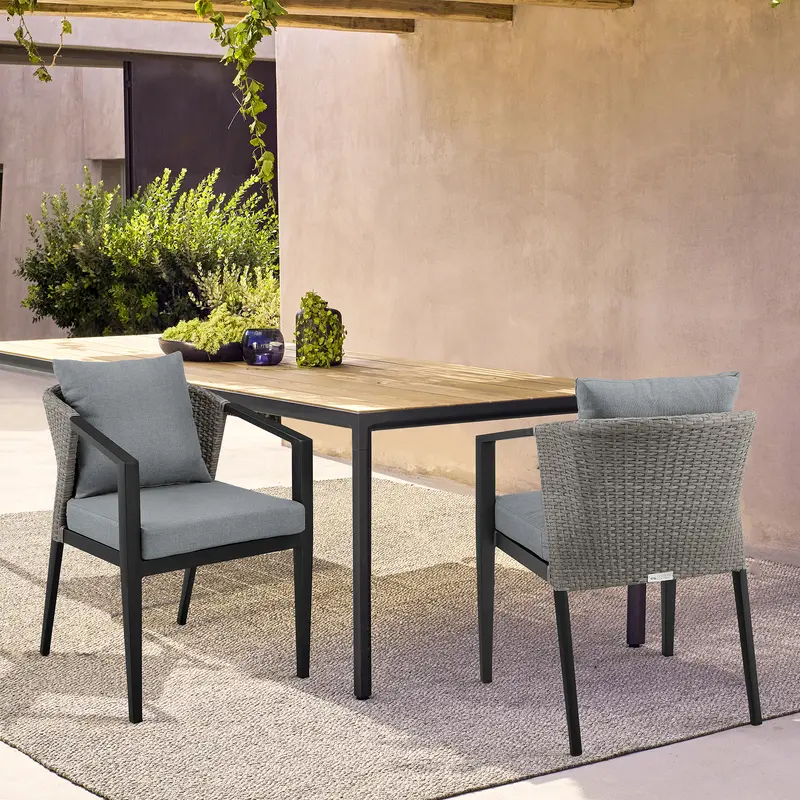Aileen Outdoor Patio Dining Chairs in Aluminum and Wicker with Grey Cushions - Set of 2 By Armen Living