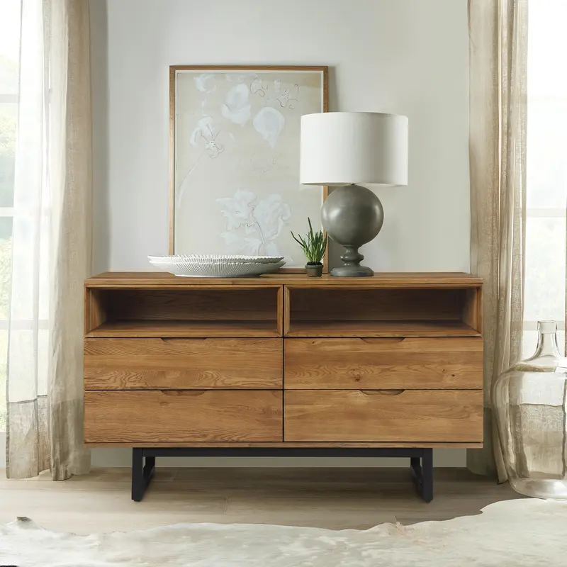 Aldo 4 Drawer Dresser in Brown Oak Wood with Black Metal Legs By Armen Living