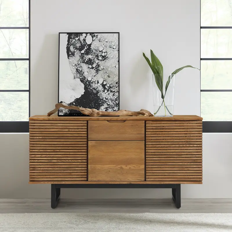 Aldo Brown Oak Sideboard Buffet Cabinet in Brown Oak Wood with Black Metal Legs By Armen Living