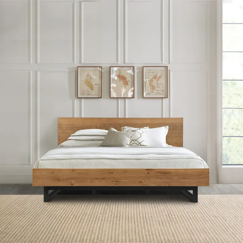 Aldo King Size Brown Oak Wood Platform Bed Frame with Black Metal Legs By Armen Living