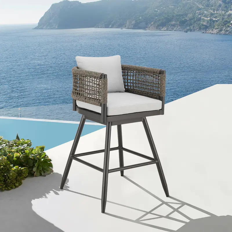 Alegria Outdoor Patio Swivel Counter Stool in Aluminum with Gray Rope and Light Gray Cushions By Armen Living