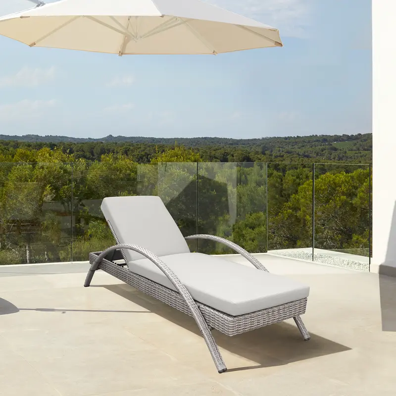 Aloha Adjustable Patio Outdoor Chaise Lounge Chair in Grey Wicker and Cushions By Armen Living