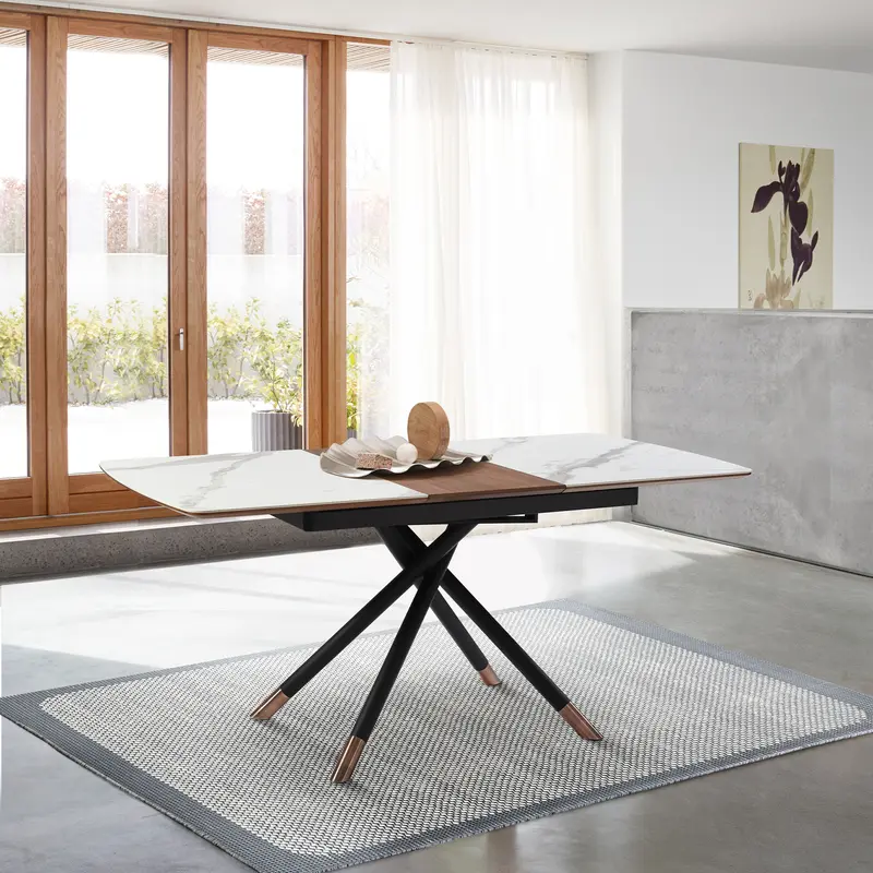 Alora Extendable Dining Table with Light Gray Ceramic and Wood Top and Metal Legs By Armen Living