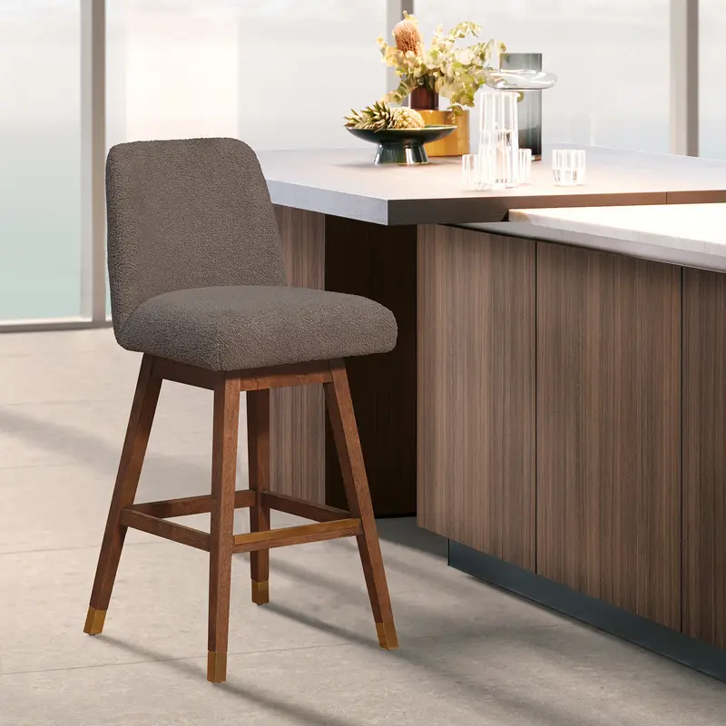 Amalie Swivel Counter Stool in Brown Oak Wood Finish with Taupe Boucle Fabric By Armen Living
