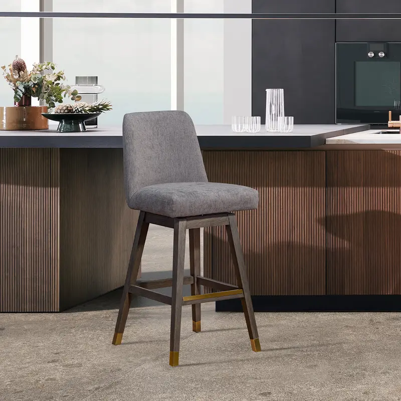 Amalie Swivel Counter Stool in Grey Oak Wood Finish with Mocha Fabric By Armen Living