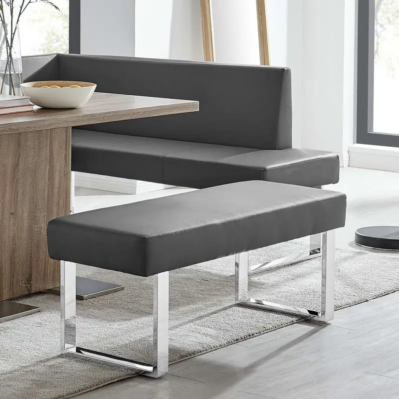Amanda Contemporary Dining Bench in Gray Faux Leather and Chrome Finish By Armen Living