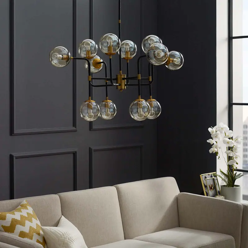 Ambition Amber Glass And Antique Brass 12 Light Pendant Chandelier By Modway - EEI-2884