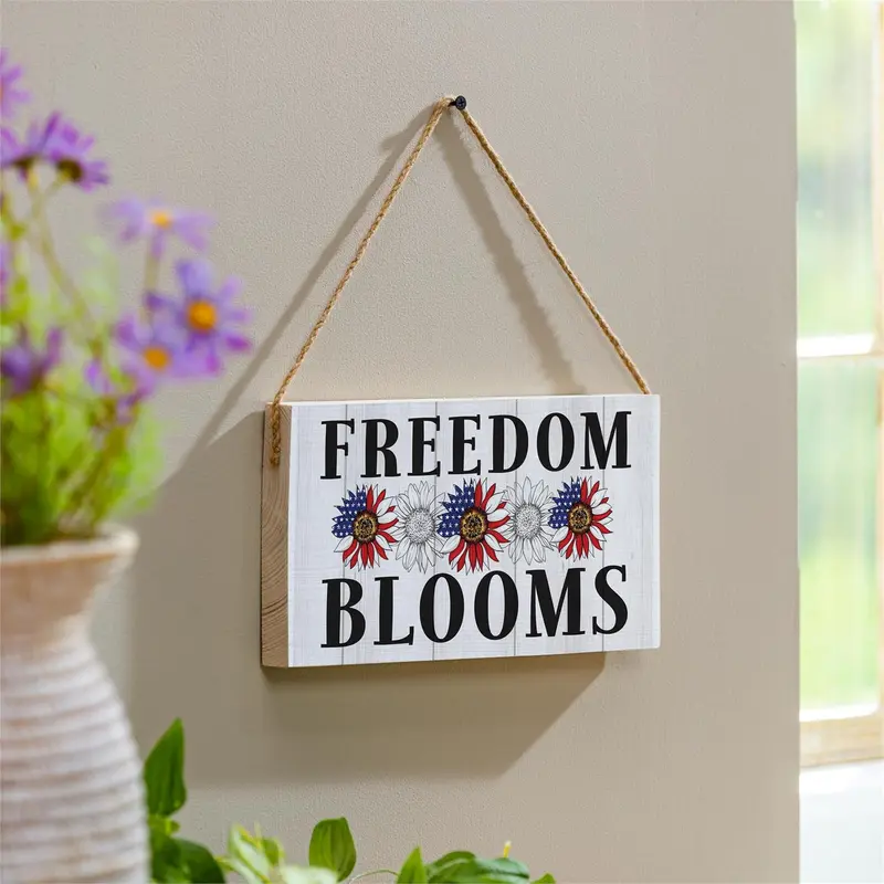 American Classic Garden Decor, Hanging Sign, Freedom Blooms, 11" L x 6" H